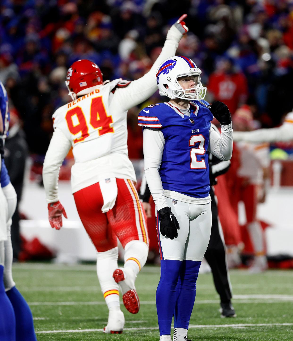 Buffalo Bills place kicker Tyler Bass (2) missed what would have been a game tying field goal. The Bills lost Ito the Chiefs in the visional round 27-24.