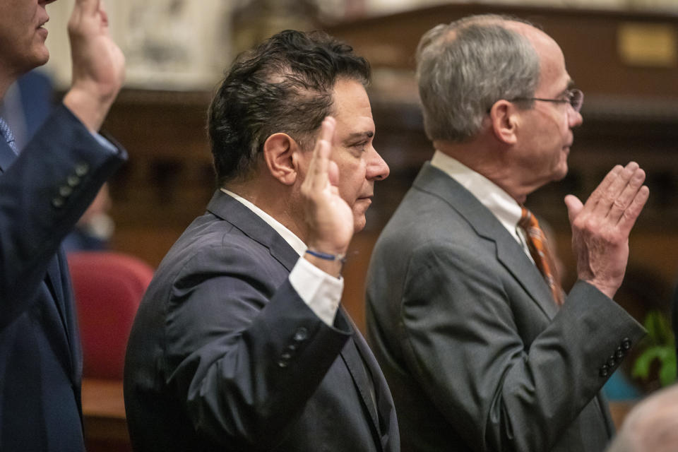 New Democratic State Sen. Steve Padilla is sworn in the Senate chambers during the opening of the legislature in Sacramento, Calif., on Monday Dec. 5, 2022. California lawmakers briefly returned to the State Capitol Monday to swear in new members and elect leaders for the 2023 legislative session. (Martin do Nascimento/CalMatters via AP, Pool)