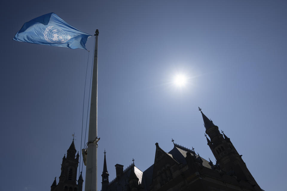 The U.N. flag waves outside the Peace palace, housing the International Court of Justice, or World Court, in The Hague, Netherlands, Thursday, May 23, 2024, where Mexico took Ecuador to the United Nations' top court accusing the nation of violating international law by storming into the Mexican embassy in Quito on April 5, and arresting former Ecuador Vice President Jorge Glas, who had been holed up there seeking asylum in Mexico. (AP Photo/Peter Dejong)