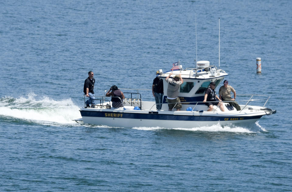 Pictured is Members of Ventura County Sheriff's Office Underwater Search and Rescue Team search for former "Glee" actress Naya Rivera on July 19