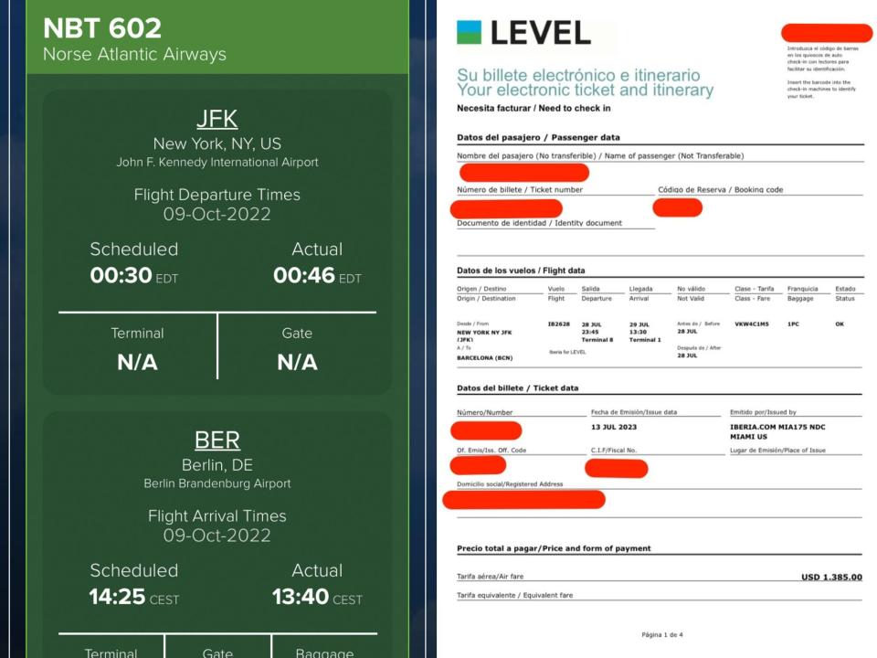 Left: A green ticket on Norse Airlines. Right: A white ticket with Level. Red blotches cover private information.