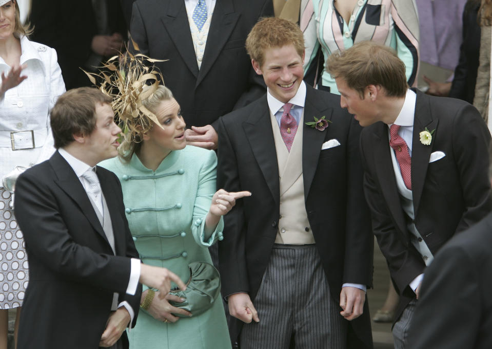 WINDSOR, UNITED KINGDOM - APRIL 09:  (L-R) Tom Parker Bowles, Laura Parker Bowles, Prince Harry and Prince William depart the Civil Ceremony following the marriage between their parents, HRH Prince Charles and Camilla Parker Bowles, at The Guildhall, Windsor on April 9, 2005 in Berkshire, England.  (Photo by Georges De Keerle/Getty Images)
