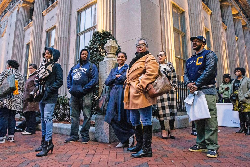 Fans stand in line to enter a book talk and signing event for And Then We Rise: A Guide to Loving and Taking Care of Self a book by Common, rapper, actor, writer and activist, at the Wilmington Public Library on Friday, Jan 26, 2024. A capacity crowd of approximately 350 people attended.