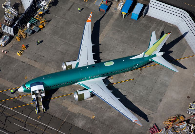 FILE PHOTO: An unpainted Boeing 737 MAX aircraft is seen parked in an aerial photo at Renton Municipal Airport near the Boeing Renton facility in Renton