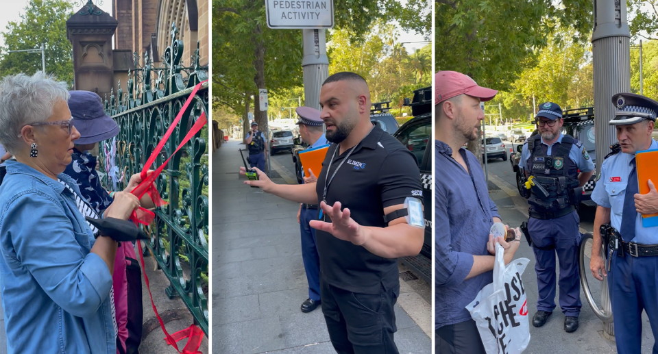 Security backed by police ordered survivor advocates to remove ribbons from outside St Mary's Cathedral on Thursday morning. Source: Michael Dahlstrom