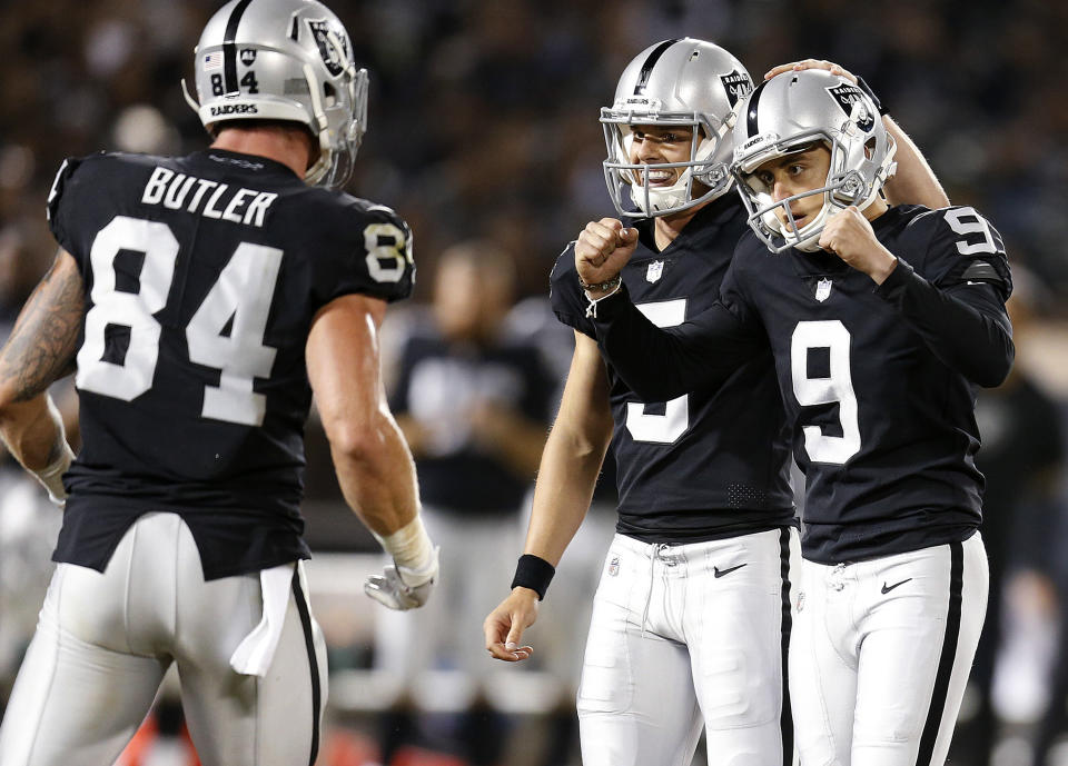 Oakland Raiders kicker Eddy Pineiro (9) celebrates with Paul Butler (84) and Johnny Townsend after kicking a field goal against the Detroit Lions during the first half of an NFL preseason football game in Oakland, Calif., Friday, Aug. 10, 2018. (AP Photo/D. Ross Cameron)