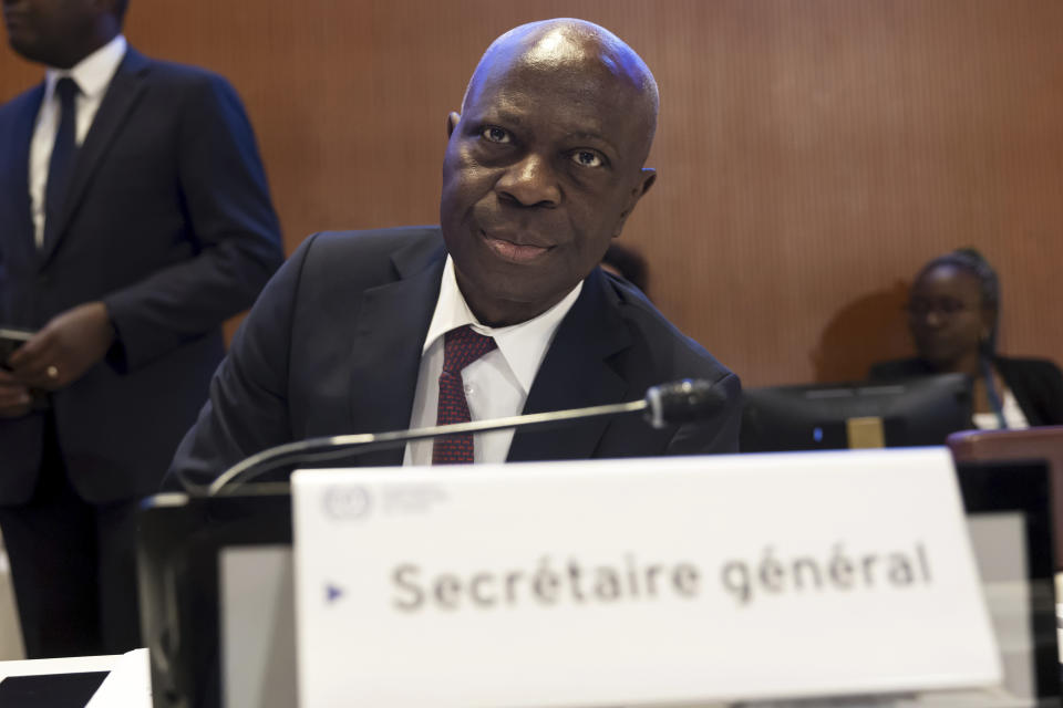 Gilbert F. Houngbo, Director-General International Labour Organization (ILO), arrives for the opening of the 112th international Labour Conference - ILO, at the European headquarters of the United Nations in Geneva, Switzerland, Monday, June 3, 2024. (Salvatore Di Nolfi/Keystone via AP)