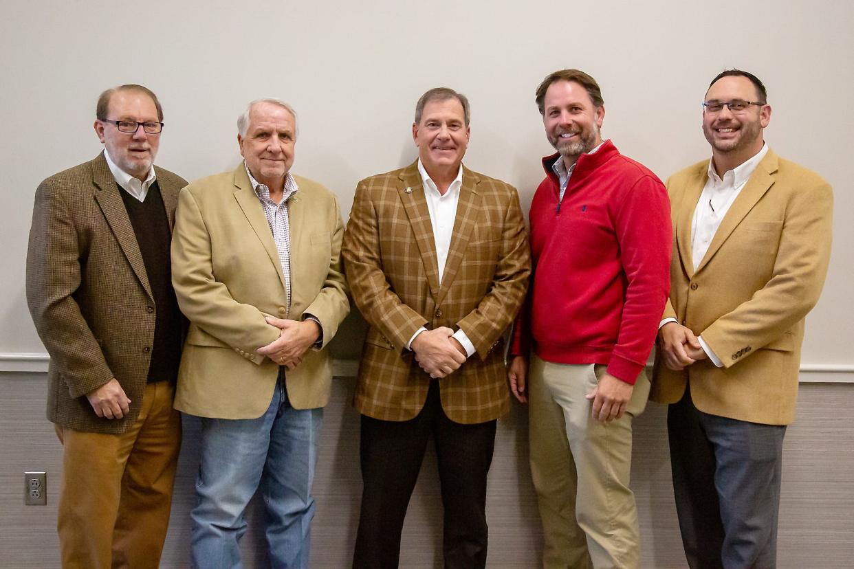 The Etowah County Commission announced on Tuesday that it will partner with the Gadsden-Etowah Industrial Development Authority on industrial recruitment. Pictured, from left, are IDA director David Hooks, lCounty Commission President Johnny Grant, Gadsden Mayor Craig Ford, Commissioner Jamie Grant, and County Chief Administrative Officer Shane Ellison.