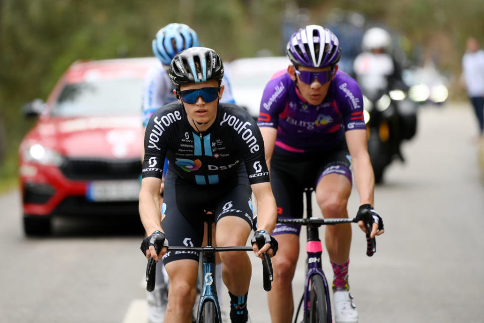 SANT FELIU DE GUIXOLS SPAIN  MARCH 20 Oscar Onley of United Kingdom and Team DSM competes in the breakaway during the 102nd Volta Ciclista a Catalunya 2023 Stage 1 a 1646km stage from Sant Feliu de Guxols to Sant Feliu de Guxols  VoltaCatalunya102  on March 20 2023 in Sant Feliu de Guixols Spain Photo by David RamosGetty Images