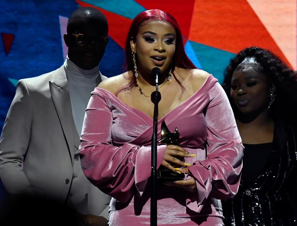 Cobbler House owner Koryn Hawthorne accepts the Contemporary Gospel Album of the Year Award during the 52nd GMA Dove Awards on Tuesday, October 19, 2021, in Nashville, Tenn.