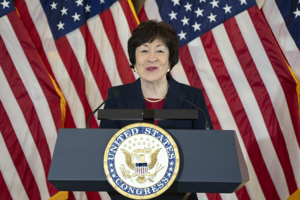 Sen. Susan Collins, R-Maine, speaks during a ceremony to honor members of the Ghost Army, a secretive WWII-era unit, with the Congressional Gold Medal on Capitol Hill, Thursday, March 21, 2024, in Washington. (AP Photo/Mark Schiefelbein)