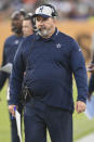 Dallas Cowboys coach Mike McCarthy watches during the first half of the team's Pro Football Hall of Fame NFL preseason game against the Pittsburgh Steelers, Thursday, Aug. 5, 2021, in Canton, Ohio. (AP Photo/David Richard)