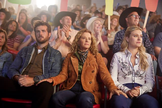 <p>Hallmark Media</p> Beau Mirchoff, Nancy Travis and Tiera Skovbye on 'Ride'