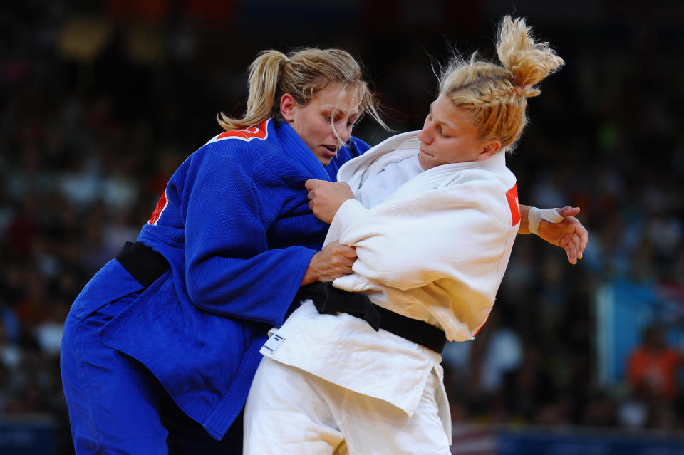 Kayla Harrison of the United States (white) and Gemma Gibbons of Great Britain compete in the Women's -78 kg Judo on Day 6 of the London 2012 Olympic Games at ExCeL on August 2, 2012 in London, England. (Photo by Laurence Griffiths/Getty Images)