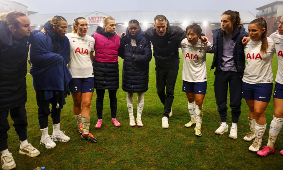 <span>Robert Vilahamn marshals his team before their FA Cup quarter-final against Manchester City at Brisbane Road.</span><span>Photograph: Simon Dael/Tottenham Hotspur FC/Shutterstock</span>