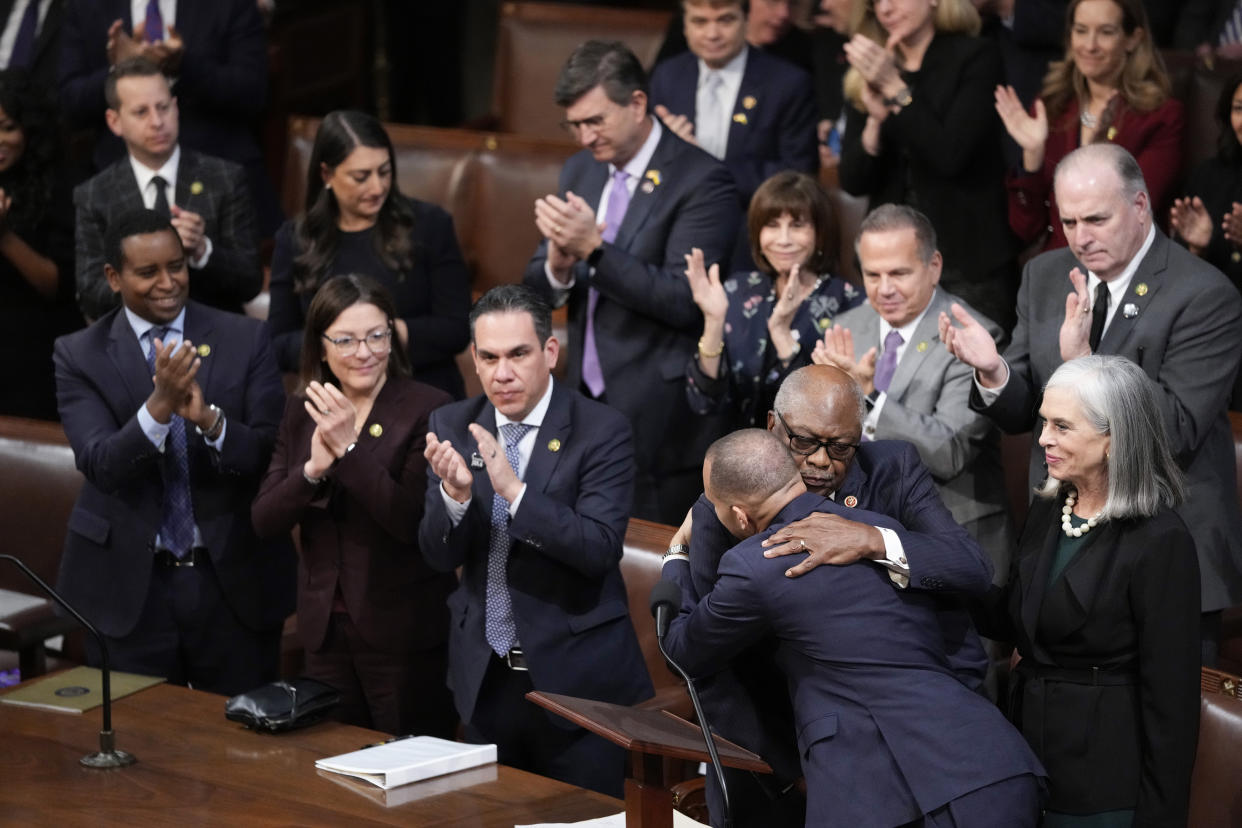 Rep. James Clyburn, D-S.C., right, hugs Rep. Hakeem Jeffries, D-N.Y., after nominating him in the House chamber as the House meets for the fourth day to elect a speaker and convene the 118th Congress in Washington, D.C., Friday, Jan. 6, 2023. 