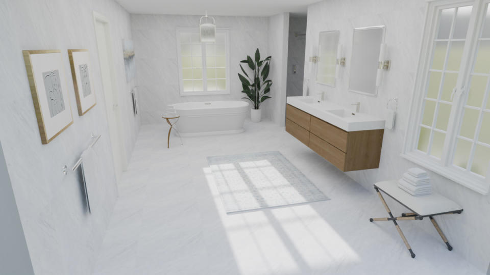 <p>Houzz</p><p>Relax in this five-star spa-like bathroom inspired by the marble grandeur of San Domenico Palace—the backdrop for season two. This room is all about luxury and delivers the design inspiration we need.</p><ul><li><a href="https://www.houzz.com/products/24x24-avalon-classic-3-8-polished-modern-tile-prvw-vr~121974098" rel="nofollow noopener" target="_blank" data-ylk="slk:White marble tile;elm:context_link;itc:0;sec:content-canvas" class="link ">White marble tile</a></li><li>A freestanding soaking tub</li><li>A floating double vanity.</li><li>The doors and trim are painted with <a href="https://www.benjaminmoore.com/en-us/paint-colors/color/oc-17/white-dove" rel="nofollow noopener" target="_blank" data-ylk="slk:Benjamin Moore’s White Dove;elm:context_link;itc:0;sec:content-canvas" class="link ">Benjamin Moore’s White Dove</a></li><li>Sleek polished chrome hardware let the luxe stone shine</li></ul><p><strong>Tour the <a href="https://pro.houzz.com/manage/floorplans/share/199176999" rel="nofollow noopener" target="_blank" data-ylk="slk:3D Floor Plan;elm:context_link;itc:0;sec:content-canvas" class="link ">3D Floor Plan</a> and <a href="https://www.houzz.com/products/white-lotus-bathroom-sgbr-sg~gi_169367780" rel="nofollow noopener" target="_blank" data-ylk="slk:get the look;elm:context_link;itc:0;sec:content-canvas" class="link ">get the look</a> from this bathroom on the Houzz Shop.</strong></p>