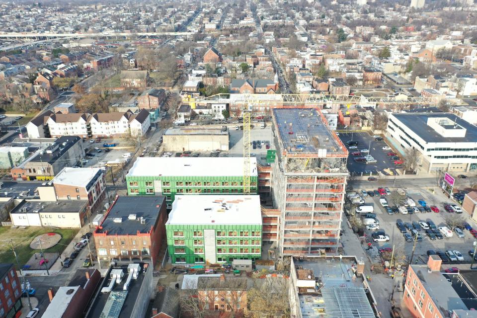 The Crosby Hill apartment complex on Shipley Street from above on Jan. 19, 2022. Developed by Buccini/Pollin Group, the complex includes an 11-story apartment building and two four-story buildings. It will have an underground parking garage.