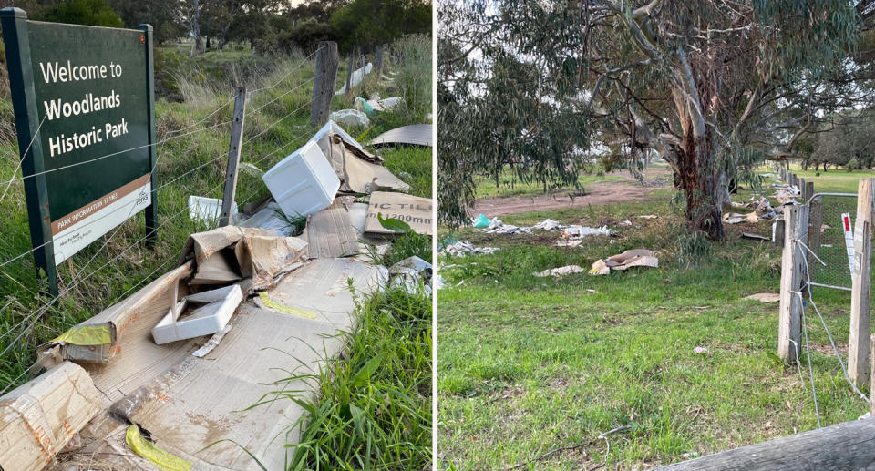 Two images showing dumped rubbish in Woodlands Historic Park near Melbourne Airport. Source: Reddit