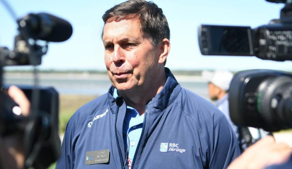 RBC Heritage Presented by Boeing tournament director Steve Wilmot talks to the media on the 18th green after the opening ceremonies for the 2019 tournament in Sea Pines on Hilton Head Island.