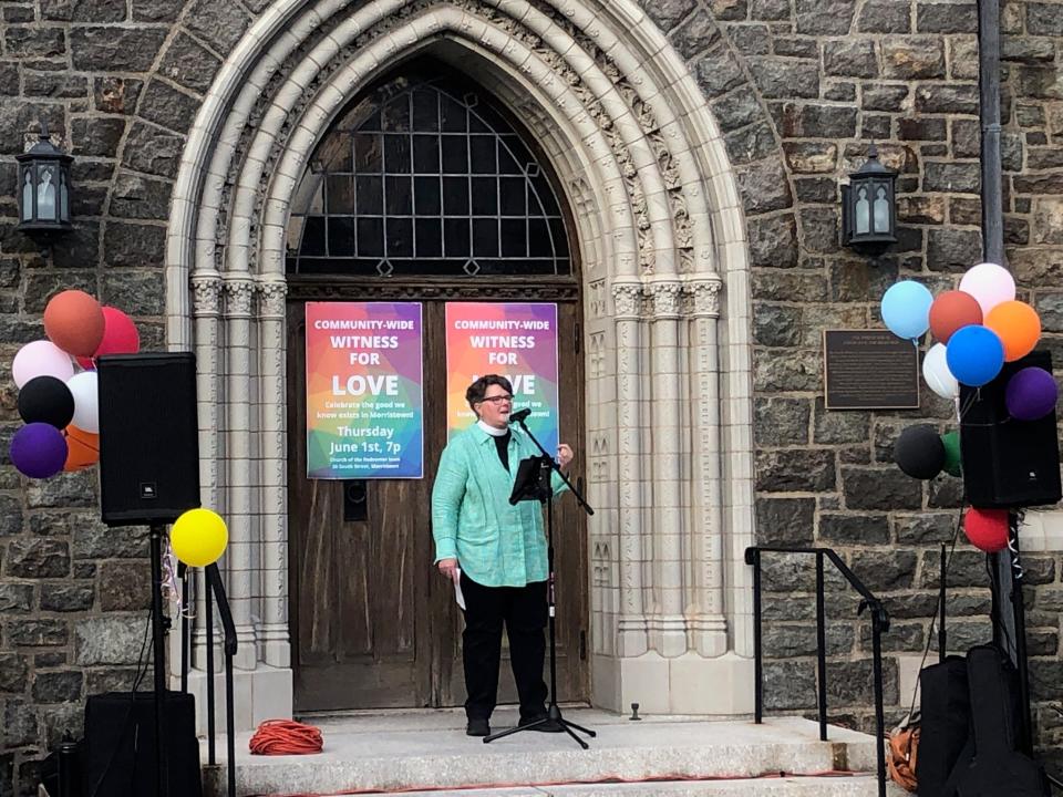 The Rev. Cynthia Black, rector of the Church of the Redeemer in Morristown, addresses the crowd during the Witness for Love event at the church Thursday, June 1, 2023.