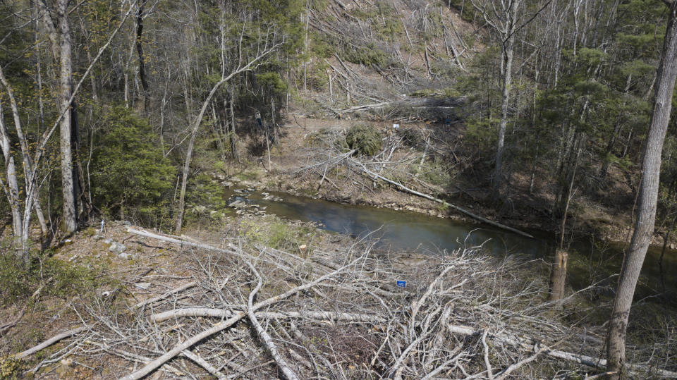 FILE - This May 3, 2018, file photo, shows a section of downed trees that sit atop a ridge near homes along the route of the proposed Mountain Valley pipeline in Lindside, W.Va. A Virginia-based legal group is asking the U.S. Supreme Court to end what it says has become an abuse of eminent domain by companies that build natural-gas pipelines. (AP Photo/Steve Helber, File)