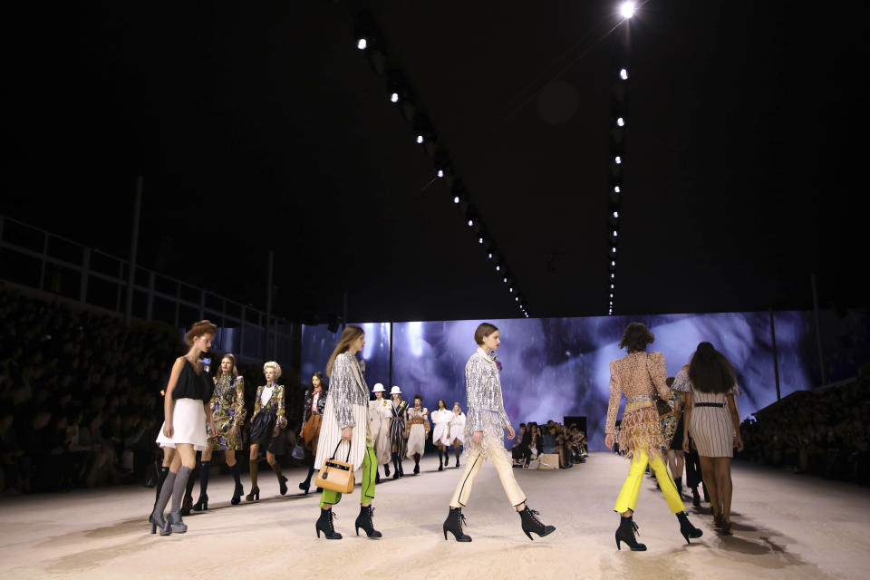 Models wear creations as part of the Vuitton Ready To Wear Spring-Summer 2020 collection, unveiled during the fashion week, in Paris, Tuesday, Oct. 1, 2019. (Photo by Vianney Le Caer/Invision/AP)