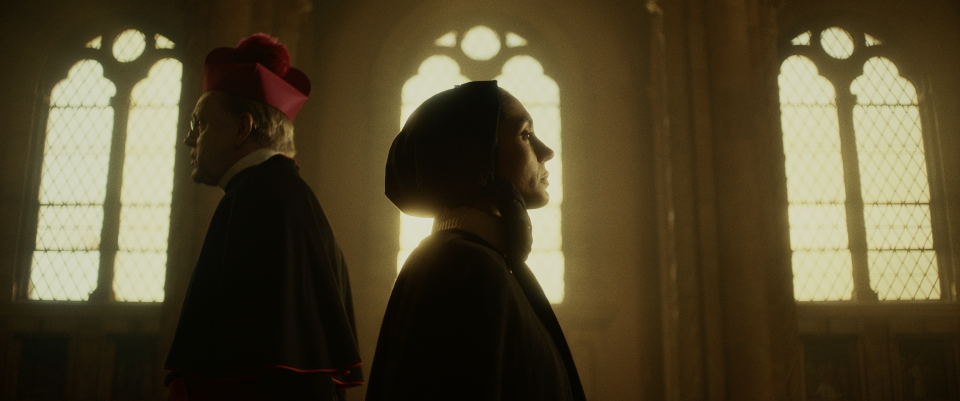 David Morse as Archbishop Corrigan and Cristiana Dell'Anna as Francesca Cabrini in the film "Cabrini."