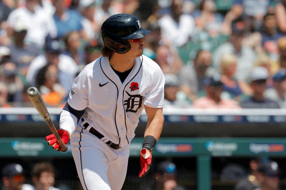 Detroit Tigers second baseman Zach McKinstry hits a single in the third inning against the Texas Rangers at Comerica Park on May 29, 2023 in Detroit.