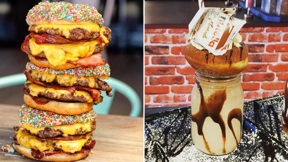 Downtown Brooklyn Penrith sells 'fairy bread burgers' (left) and Nutella shakes complete with a doughnut on top (right).