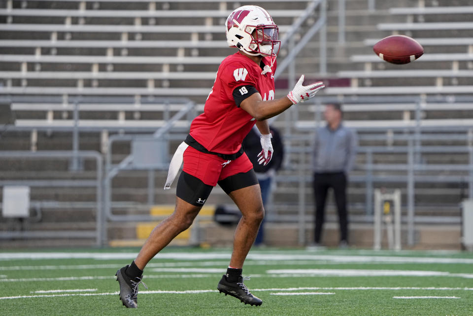 Apr 11, 2023; Madison, WI, USA; Wisconsin wide receiver Will Pauling (19) is shown during practice Tuesday, April 11, 2023 at Camp Randall Stadium in Madison, Wis. Mandatory Credit: Mark Hoffman-USA TODAY Sports