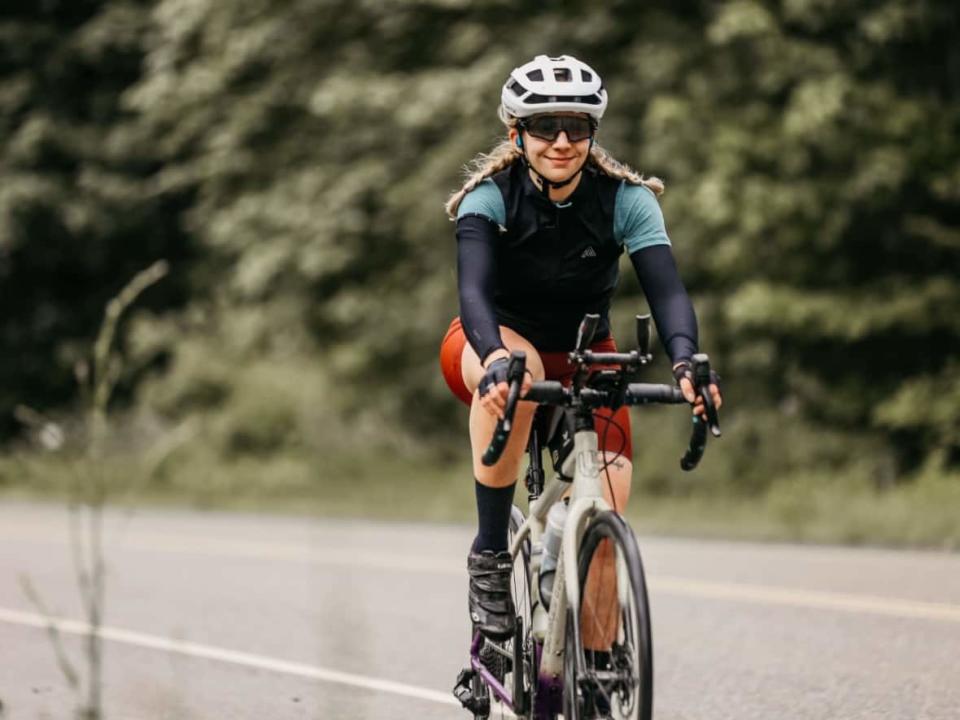 Bianca Hayes on day one of her cycling trip. Hayes' effort to beat the world record was cut short after she got in a collision with a motorcyclist. (The Coconut Creative - image credit)