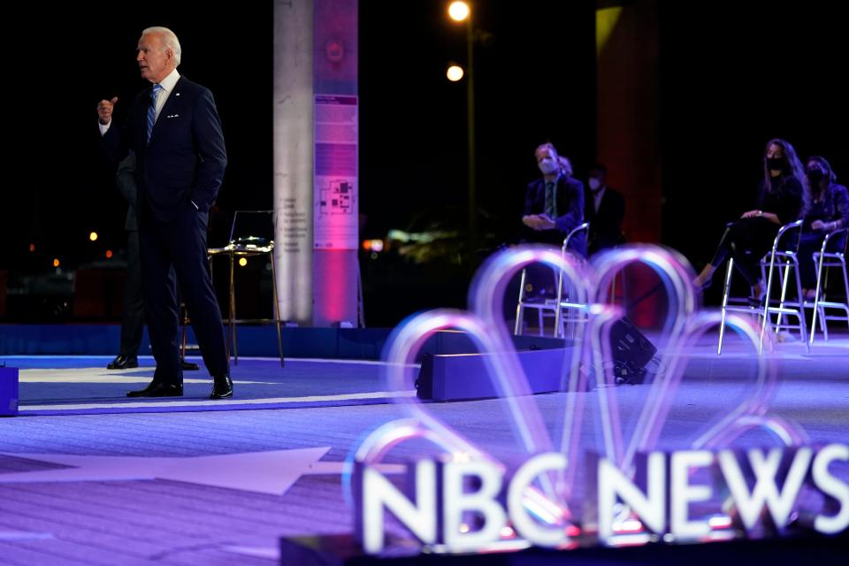 Democratic presidential candidate former Vice President Joe Biden speaks at a NBC Town Hall on Oct. 5, 2020, in Miami.