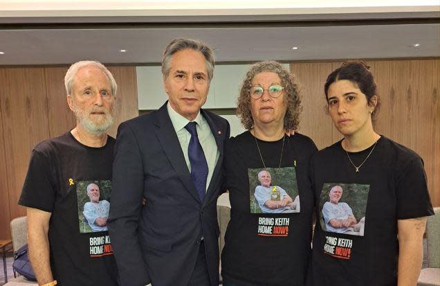 A photo shared by the Hostage Families Forum Headquarters group shows U.S. Secretary of State Antony Blinken with the family of Hamas hostage Keith Siegel in Tel Aviv, May 1, 2024. From left are Lee Siegel, Keith's brother, Blinken, and then Keith's wife Aviva and daughter Elan. / Credit: Hostage Families Forum Headquarters
