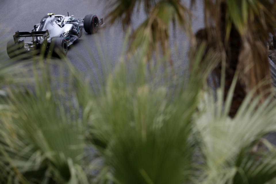 Mercedes driver Valtteri Bottas of Finland steers his car during the second practice session at the Monaco racetrack, in Monaco, Thursday, May 23, 2019. The Formula one race will be held on Sunday. (AP Photo/Luca Bruno)