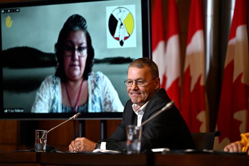 Chief Lance Haymond of Kebaowek First Nation responds to a question as Grand Chief Lisa Robinson, Algonquin Nation Secretariat and Chief of Wolf Lake First Nation participates via videoconference, during a news conference on their opposition to a planned radioactive waste dump near the Ottawa River at the Chalk River Laboratories, in Ottawa, on Tuesday, June 20, 2023.