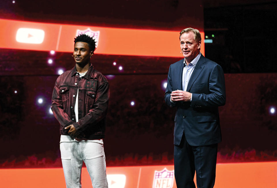 YouTube creator Deestroying took the stage with Goodell at YouTube Brandcast on May 17 in New York.
