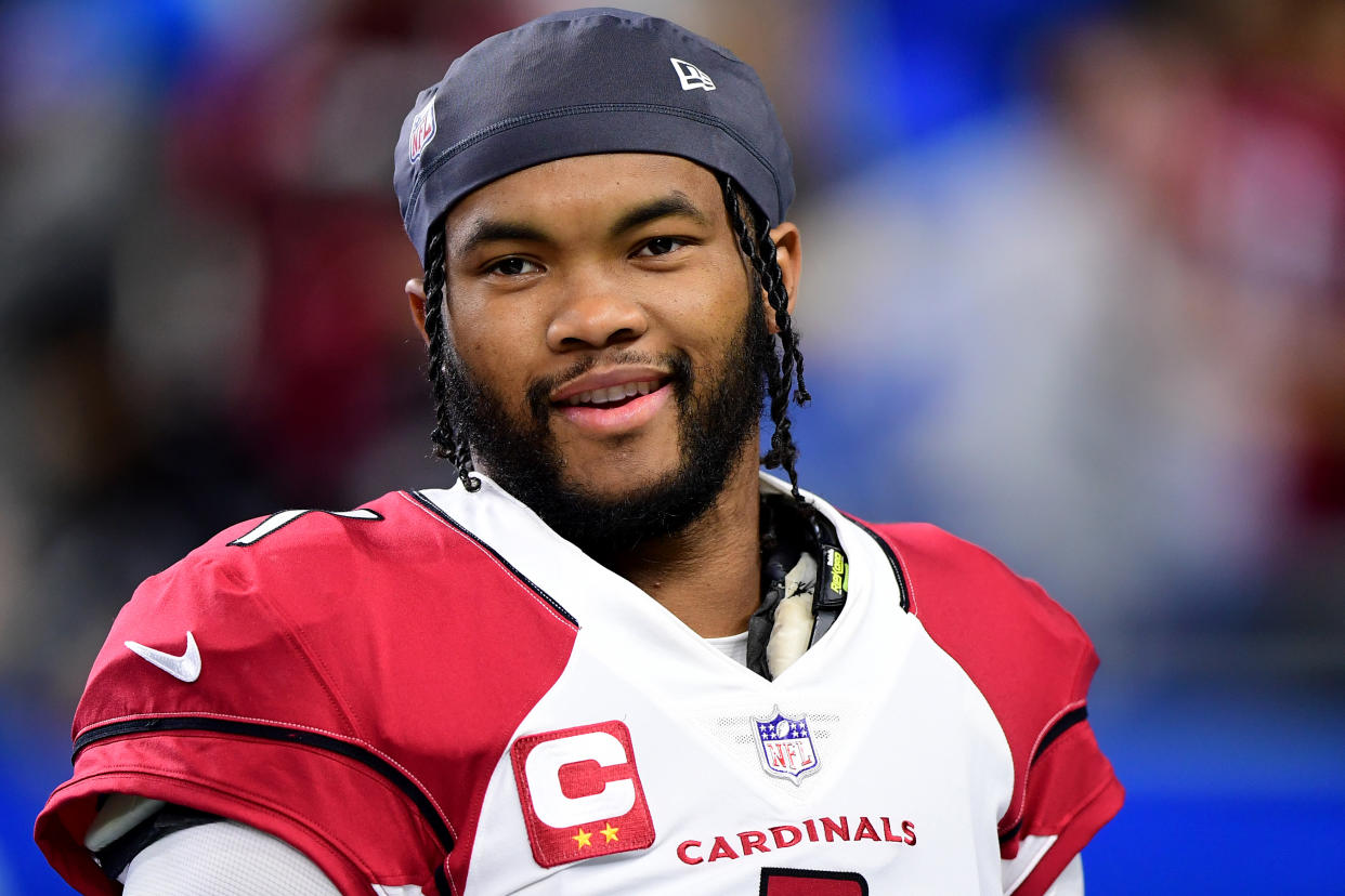 DETROIT, MICHIGAN - DECEMBER 19: Kyler Murray #1 of the Arizona Cardinals smiles before a game against the Detroit Lions at Ford Field on December 19, 2021 in Detroit, Michigan. (Photo by Emilee Chinn/Getty Images)