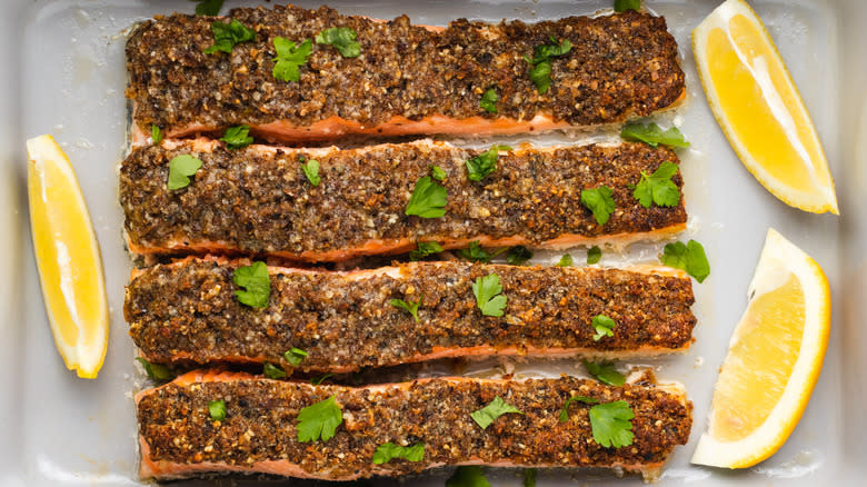 Parmesan-crusted salmon in baking dish