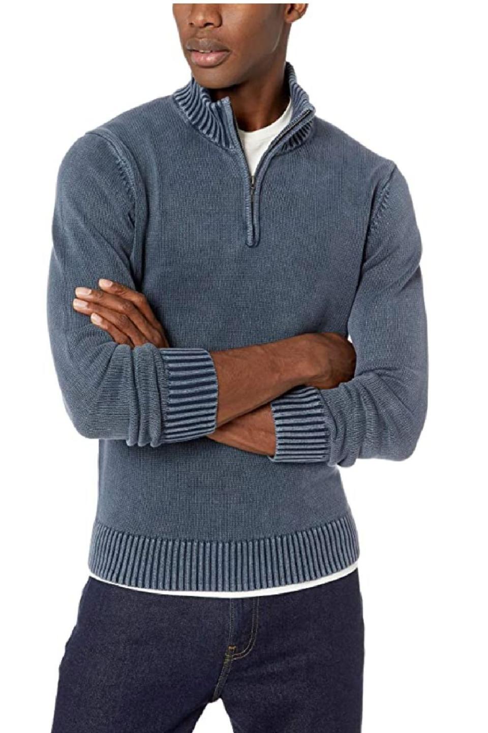 10) Men's Soft Cotton Quarter Zip Sweater, Washed Navy