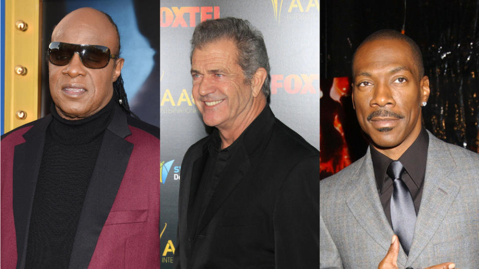 Stevie Wonder, Mel Gibson und Eddie Murphy (v.l.) gehören zu den kinderreichen Promi-Papas