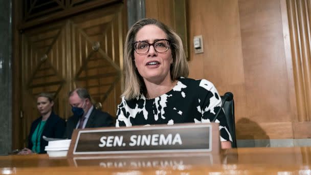 PHOTO: Sen. Kyrsten Sinema arrives for a meeting of the Senate Homeland Security Committee at the Capitol, Aug. 3, 2022.  (J. Scott Applewhite/AP, FILE)