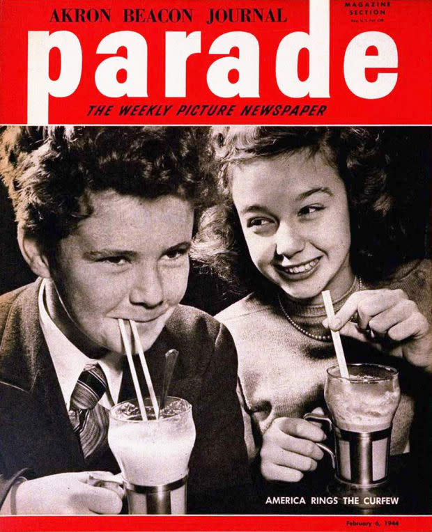 <p>What looks like a charming cover celebrating young sweethearts was not so sweet. The two on the cover had better be home before nine o'clock if they're in any one of hundreds of American towns today, <em>Parade</em> warned in a story inside. "The old-time curfew is making a come-back as a result of wartime juvenile delinquency," <em>Parade</em> reported. </p>