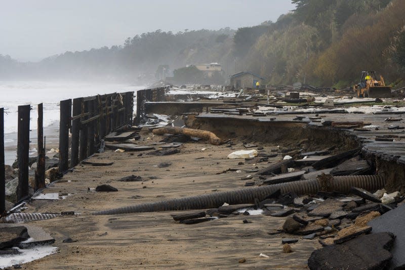 A parking lot at Seacliff State Beach is damaged by heavy storm surge, Thursday, Jan. 5, 2023, in Aptos, California.