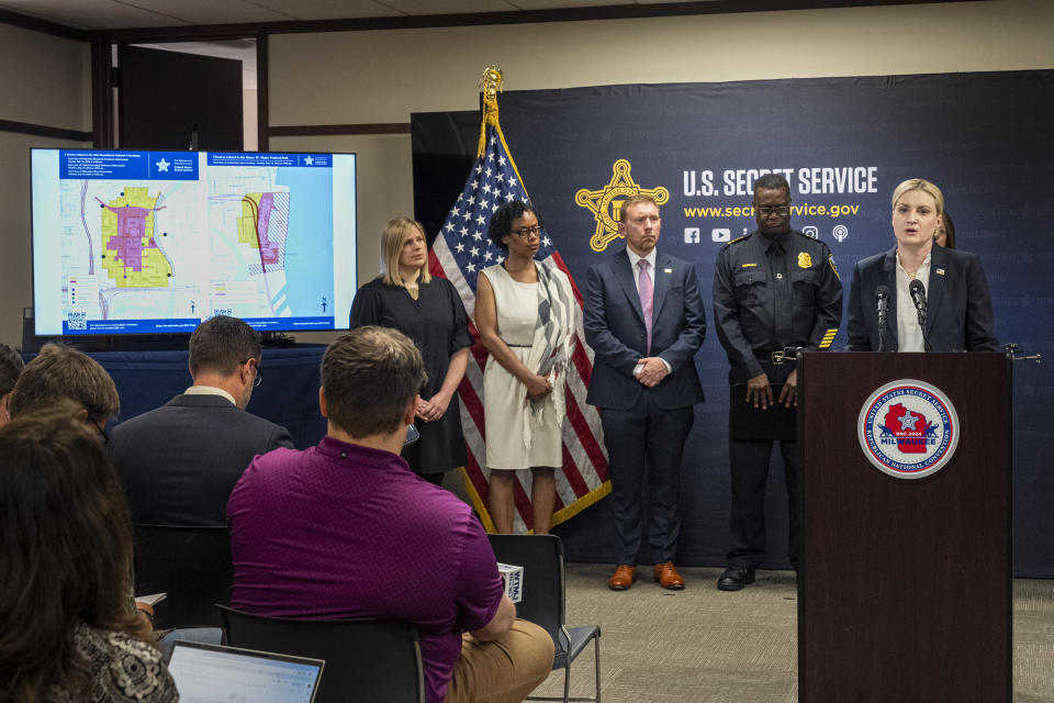 Audrey Gibson-Cicchino with the U.S. Secret Service speaks Friday, June 21, 2024, in Milwaukee during a news conference in regard to the Republican National Convention being held in Milwaukee next month. The Secret Service released maps showing the parade route and protest zones that will be allowed during the RNC. (AP Photo/Andy Manis)