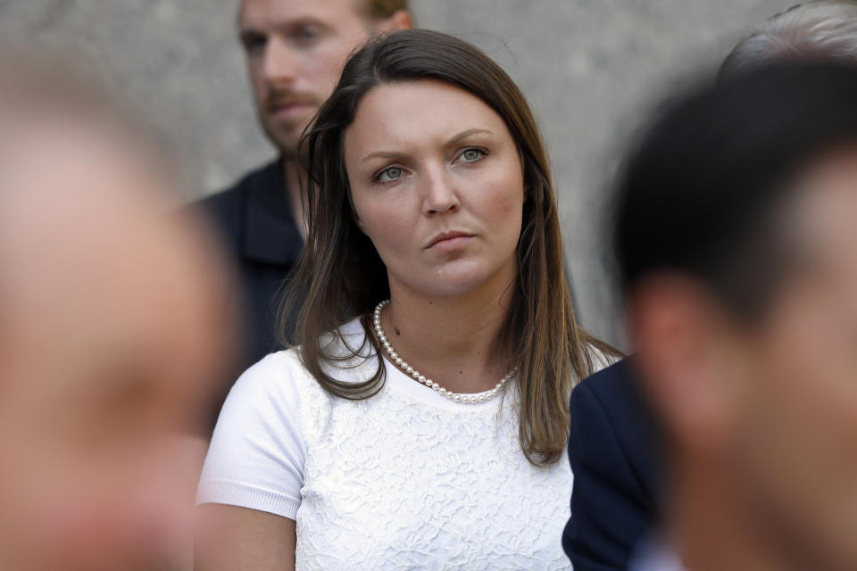 Courtney Wild, one of Jeffrey Epstein's accusers who spoke at his bail hearing, attends a news conference outside federal court, in New York, Monday, July 15, 2019. Wild said Monday in Manhattan federal court that she was abused by the wealthy financier in Palm Beach, Florida, starting at age 14. (AP Photo/Richard Drew)