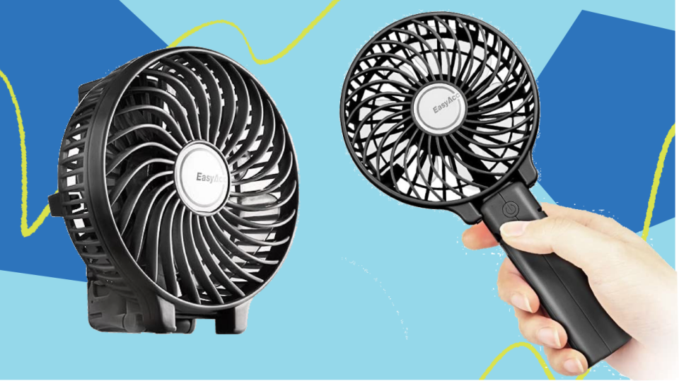 The answer to sweaty summers might be this ridiculous-looking <a href="https://amzn.to/33I1yHv" target="_blank" rel="noopener noreferrer">portable fan on Amazon</a>. (Photo: HuffPost)