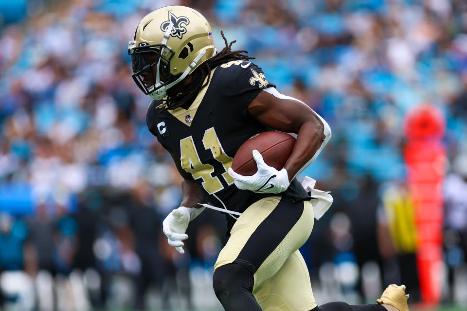 New Orleans Saints running back Alvin Kamara is averaging 8.5 targets and seven receptions per game with Andy Dalton under center. (Photo by David Jensen/Icon Sportswire via Getty Images)