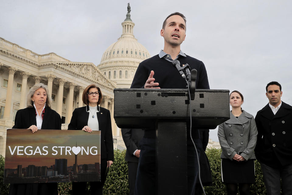 Vegas shooting survivor Robert Gaafar speaks during a news conference with (L-R) Rep. Dina Titus (D-Nev.), Sen. Catherine Cortez Masto (D-Nev.) and fellow survivors Maisie Devine and Jason Sherman outside the U.S. Capitol Nov. 1, 2017 in Washington, D.C. (Photo: Chip Somodevilla via Getty Images)