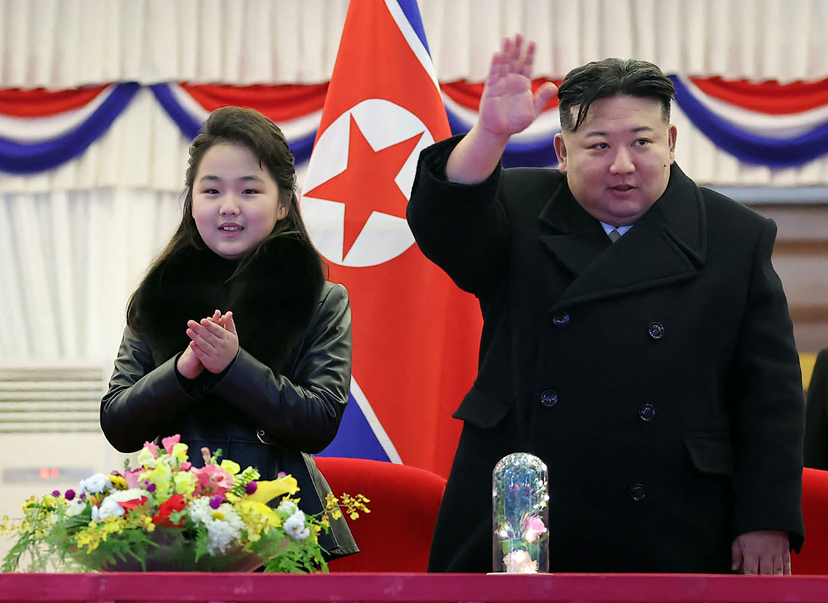 North Korea's leader Kim Jong Un with his daughter Kim Ju Ae pictured at a ceremony in Pyongyang on December 31, 2023 (KCNA VIA KNS/AFP via Getty Image)